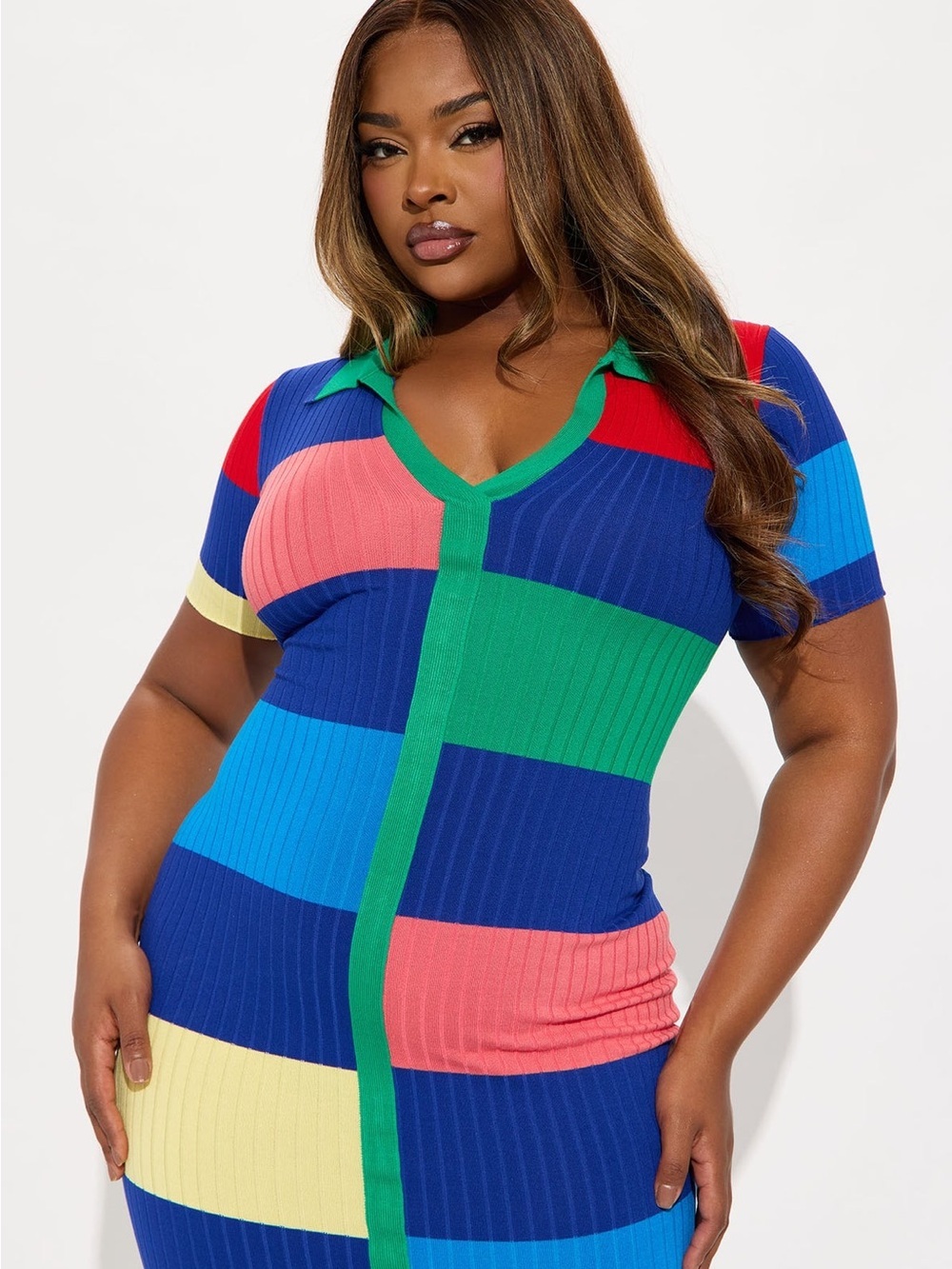 Multicolor Ribbed Zip-Front Colorblock Midi Dress NWT. LARGE - Picture 3 of 13